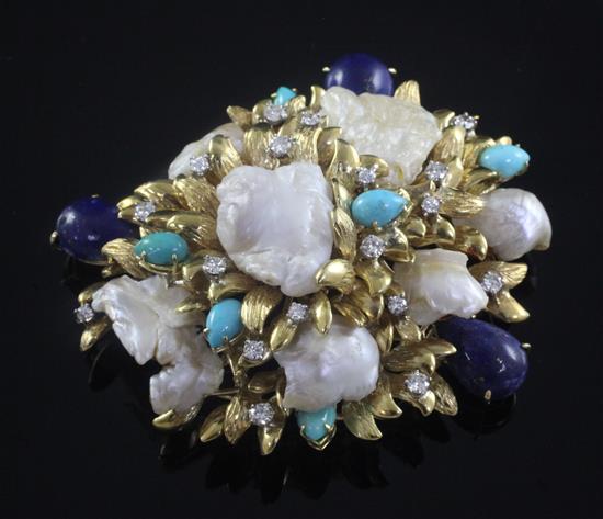 A large gold, baroque pearl, lapis lazuli, turquoise and diamond set clip brooch, 66mm.